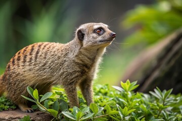 Fototapeta premium Captivating Close-up of a Common Kusimanse in Its Natural Habitat, Showcasing Its Unique Features and Playful Nature with Ample Copy Space for Text Overlay