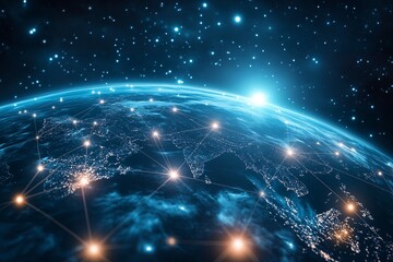 Orbital view with satellite, digital network surrounding Earth, stars and cosmic ambiance