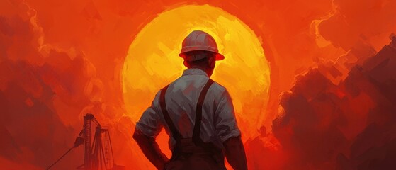 A worker gazing at a vibrant sunset, reflecting on the day's accomplishments and future challenges in a dynamic industry.