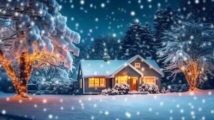 A Cozy Cabin Bathed in Snowfall with Twinkling Lights