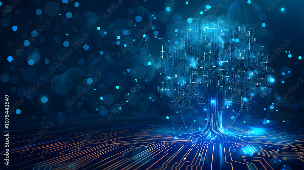 Wall mural tree data technology on blue dark background. digital circuit board internet connection. vector illu