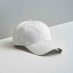 Clean white baseball cap displayed at a diagonal angle on a gray background For Social Media Post Size