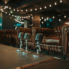 Dimly lit stage with vintage microphones and warm lighting in a retro venue For Social Media Post Size