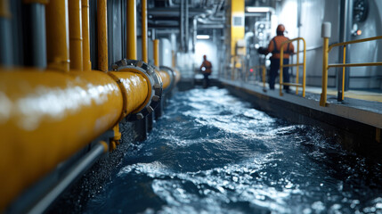 Industrial setting with water flow and marine engineers working
