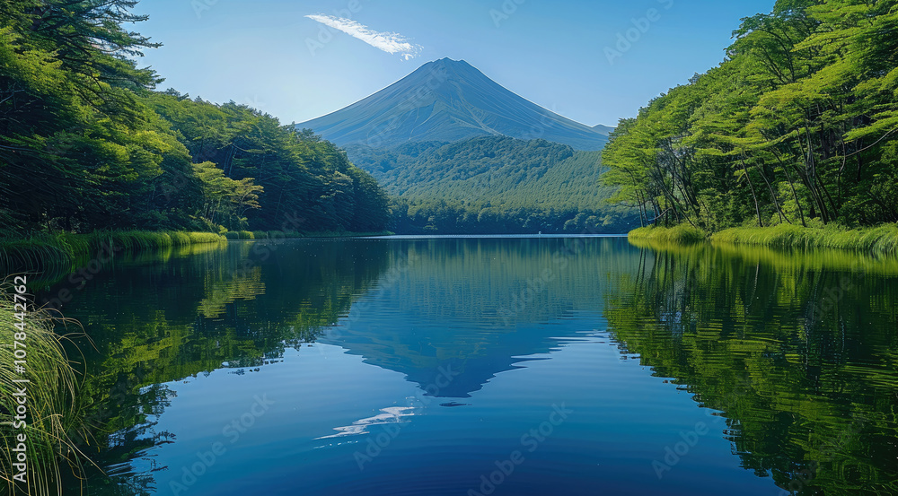 Poster a beautiful lake with the reflection of the mountain, tall trees in front of it, lush greenery aroun