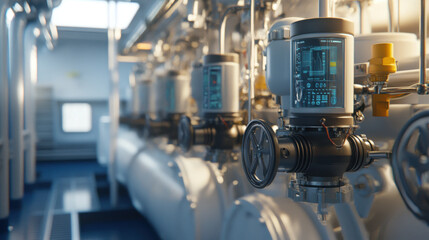 Obraz premium High tech marine engineering equipment in ballast water treatment system, showcasing advanced monitoring and control features. environment is clean and industrial