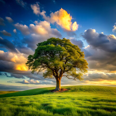 Fototapeta premium lone tree in green field with blue cloudy sky