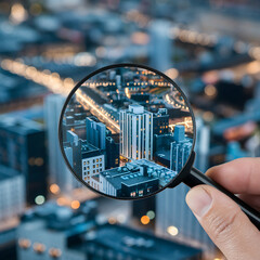 Hand holds a magnifying glass focused on a miniature cityscape, emphasizing urban details For Social Media Post Size