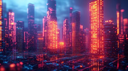 Fototapeta premium Futuristic city skyline with glowing lights at night.