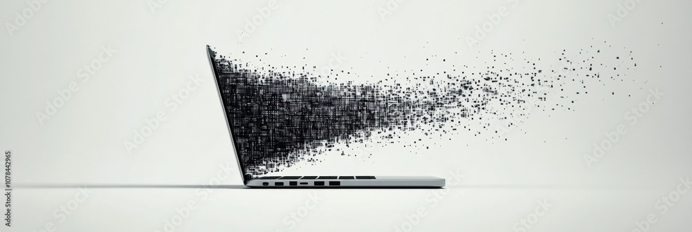 Fototapete a sleek laptop opens up to release a cascade of pixel elements, illustrating a unique blend of techn