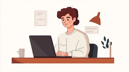 Young professional woman working on a laptop, managing her online store with a focused expression.