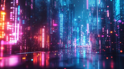 Fototapeta premium Futuristic city with neon lights and digital rain.