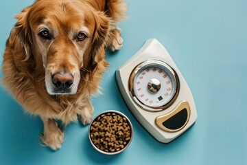 Cute Golden Retriever Feeding with Scale for Weight Management and Healthy Nutrition Blue Studio Background