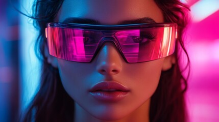 Naklejka premium Modern woman in pink reflective sunglasses with vibrant colors