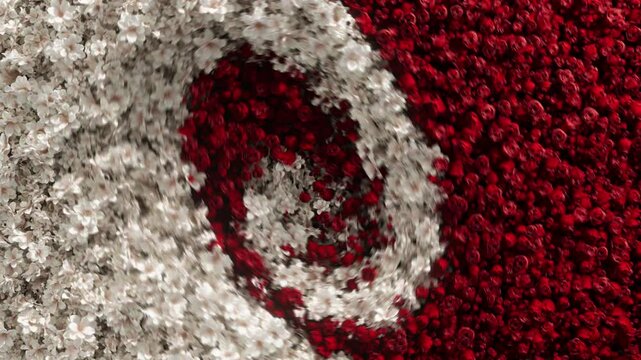 3D rendered close-up of vivid red and white rose petals merging and swirling into one another, forming an organic circular pattern. The dense floral texture creates a rich, abstract transition between