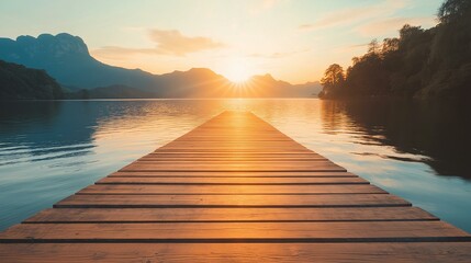 Obraz premium Serene sunrise over a calm lake with a wooden pier leading to the horizon.