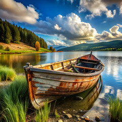 Fototapeta premium Weathered Fishing Boat by the Tranquil Shoreline