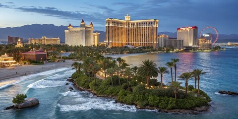 Captivating Double Exposure of Las Vegas Treasure Island with Iconic Strip Views Merging with Serene Tropical Scenes for a Unique Visual Experience
