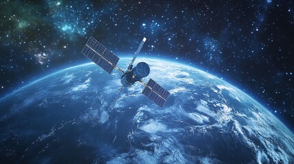 Orbital view with satellite, digital network surrounding Earth, stars and cosmic ambiance