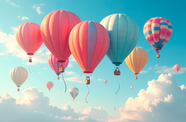 Fototapeta premium Hot air balloons gracefully soar amidst fluffy clouds under a bright blue sky. The scene evokes a sense of adventure and freedom, capturing the serene beauty of a perfect day for flying.