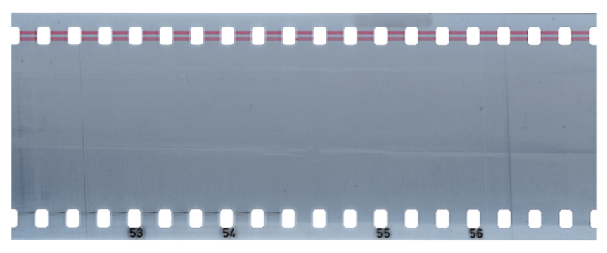 A blank film negative with a white border and a pink horizontal line in the middle, with the numbers 53, 54, 55 and 56, png 35mm film asset, film border.