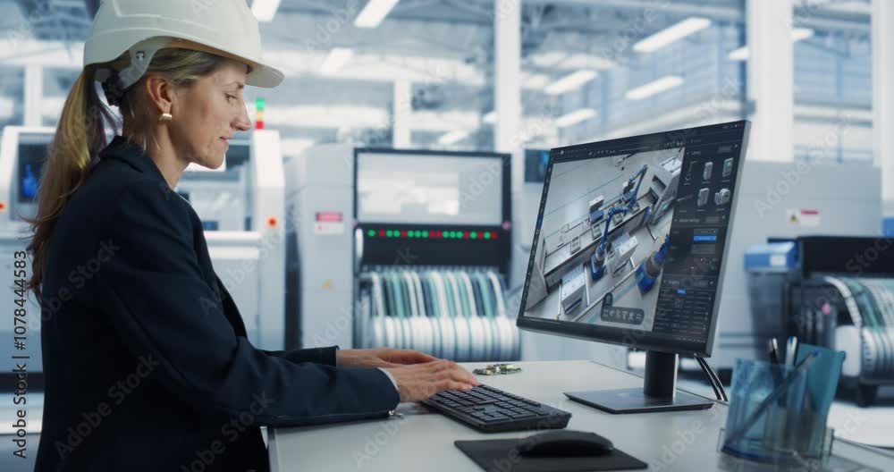 Aufkleber Smart Factory: Professional Engineer Works on Computer, Advanced 3D Engineering of Automated Production Line. Designer Optimizing Autonomous Robot Arm Manufacturing Processes in Industrial Facility.
