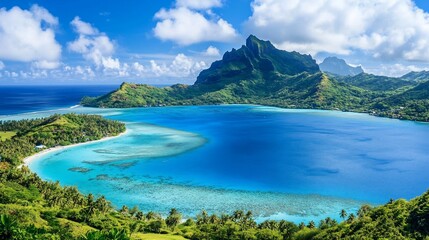 A panoramic view of a tropical island with a beautiful lagoon and lush green vegetation under a bright blue sky with white fluffy clouds.