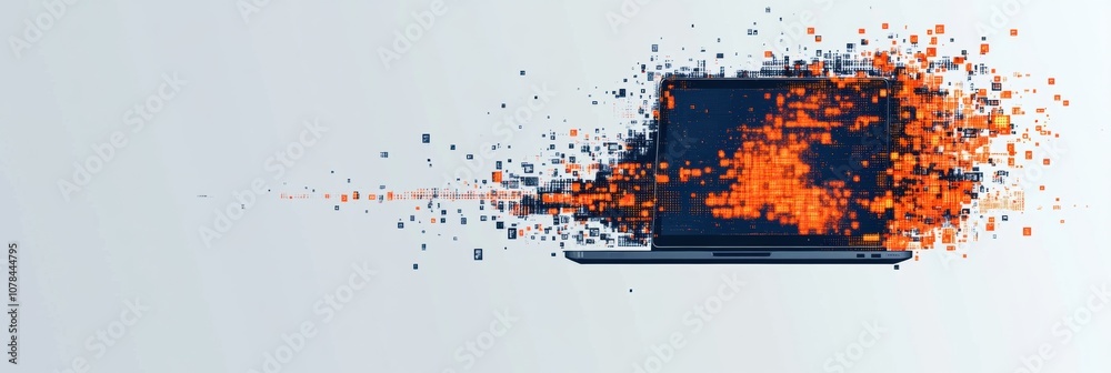 Poster a laptop displays an explosion of vibrant pixel elements, symbolizing digital creativity and modern 