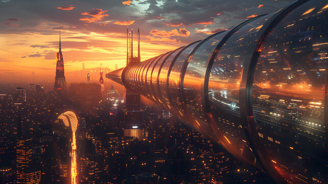 The concept of travelling by hyperloop - a tube leading to a futuristic city illuminated by a beautiful golden evening atmosphere