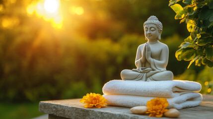 Peaceful Buddha statue sitting on spa towels, surrounded by orange flowers and morning sunrise light. 