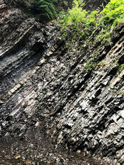 Steep rock formation with lush greenery in a natural setting