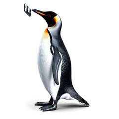 Obraz premium Penguin with sleek black and white feathers waddling while taking a selfie with a smartphone