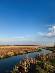 Tranquil rural landscape with clear blue sky and flowing stream