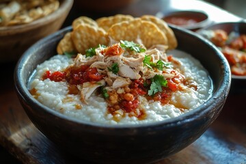 Indonesian chicken porridge a street food dish featuring rice shredded chicken fried dough crackers and sambal
