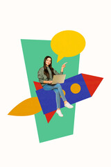 Sketch template design 3D photo collage composite of rocket fly cosmic transport begin start up student young lady sit laptop speech cloud
