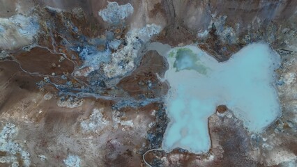 Volcanic Iceland lake from above, blue and chemical colors