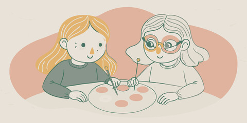 Wise Owls Two girls at a crafting table busy painting their faces brown and white. One has large round white circles around their eyes resembling an owls while the other has