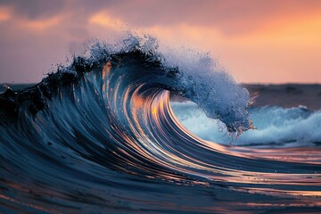 A majestic wave crests at sunset  its form a study in natural beauty.