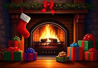 Сhristmas fireplace with gifts at cozy home 