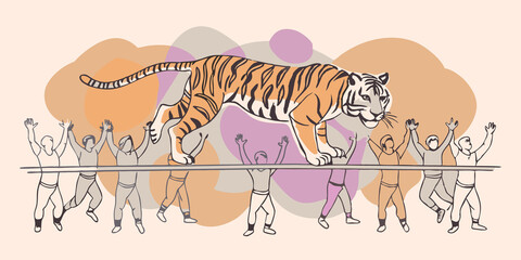 Tiger Therian Handstand Balance A tigerthemed therian exeing a handstand on a rail using both arms and legs to maintain balance while a few onlookers cheer.