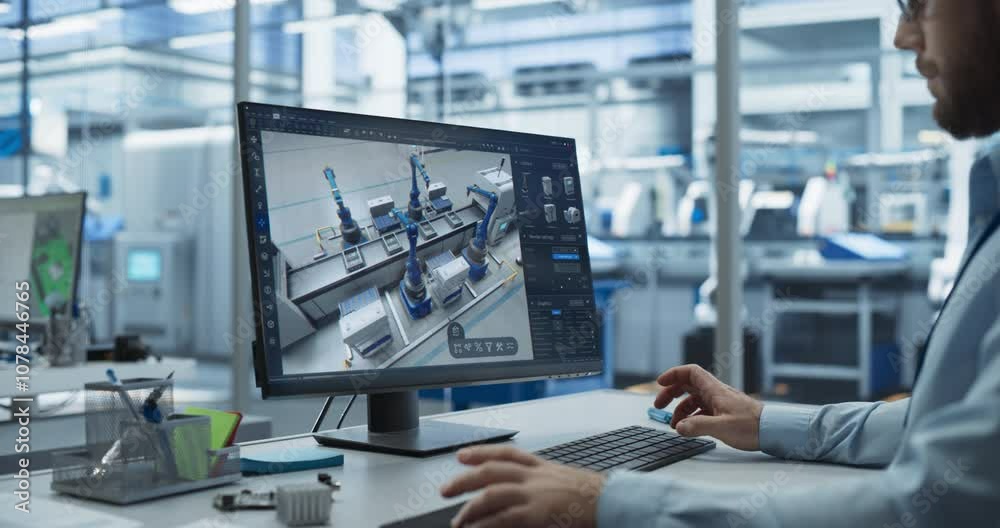 Poster Factory Design Production: Engineer Works with Advanced 3d Cad Software to Model Robotic Assembly Line. High-tech Innovative Manufacturing Progress for Next-generation Production Processes, Automation