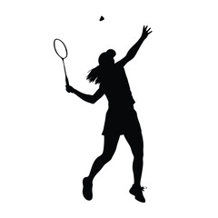 A woman is playing badminton and holding a racket. She is in the air and has a racket in her hand