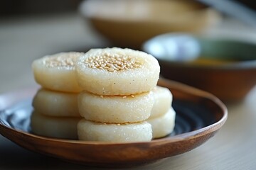Injeolmi is a traditional Korean dessert made from sweet chewy glutinous rice and coated in powdered soybean often enhanced with honey and sesame seeds