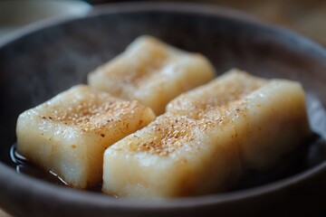 Injeolmi is a traditional Korean rice cake from glutinous rice and covered in bean flour Homemade dish