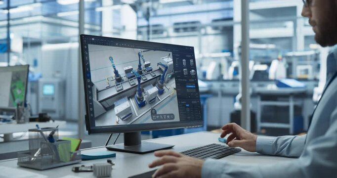 Factory Design Production: Engineer Works with Advanced 3d Cad Software to Model Robotic Assembly Line. High-tech Innovative Manufacturing Progress for Next-generation Production Processes, Automation