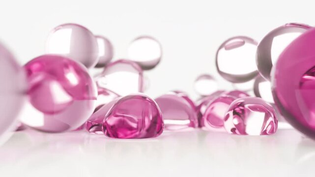 Pink serum with liquid bubbles in a 3D abstract background. Hydrating essence gel with collagen molecules. Moisturizing cream or oil for skincare and beauty.