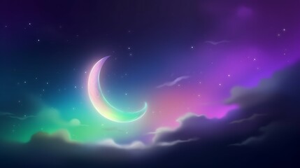 A crescent moon glows brightly in a starlit sky with colorful clouds.