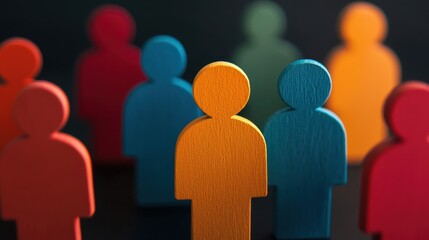 Colorful wooden figures representing diversity and community, standing together against a dark background, symbolizing unity and collaboration among individuals.