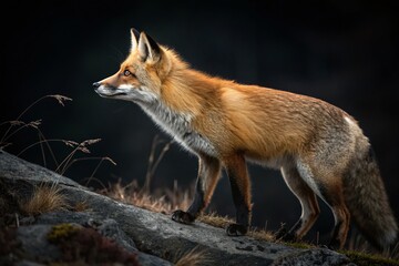 Obraz premium Captivating Fashion Photography: A Striking Red Fox Against a Dark Background, Showcasing Natural Beauty and Elegance in a Unique Setting