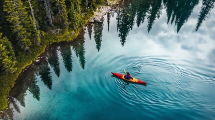 Fototapeta premium A lone kayaker paddles through a tranquil mountain lake, surrounded by tall trees reflected in the clear blue water.
